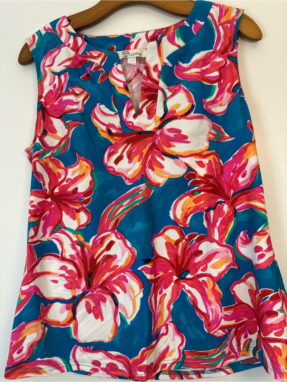 Aryeh Teal Floral Sleeveless Tank with Pink and White Blooms